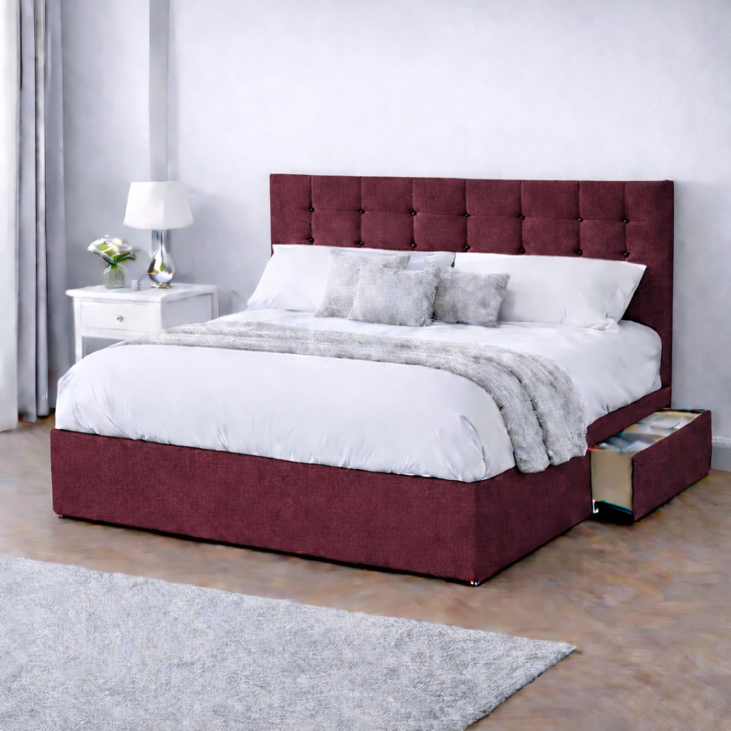 Chenille Bed with Headboard, Mattress & Drawer