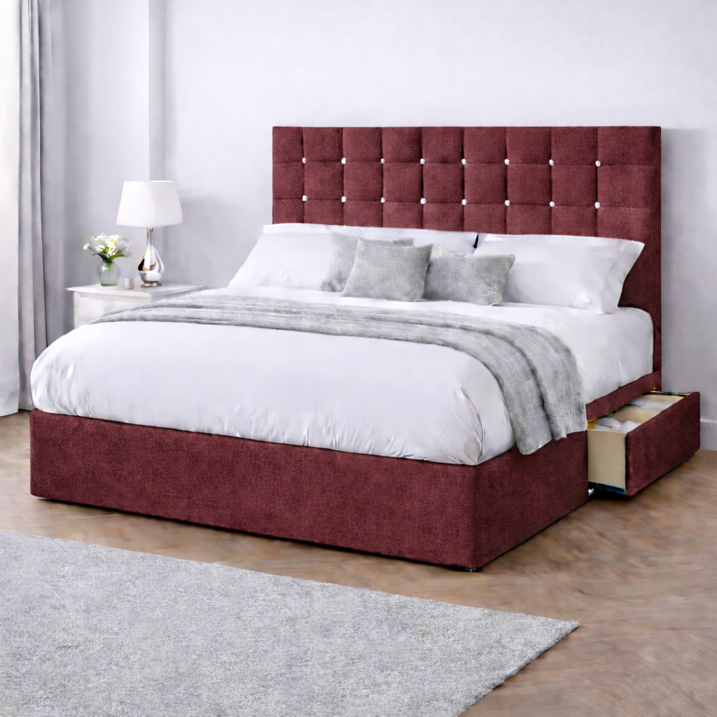 Chenille Bed with Headboard, Mattress & Drawer