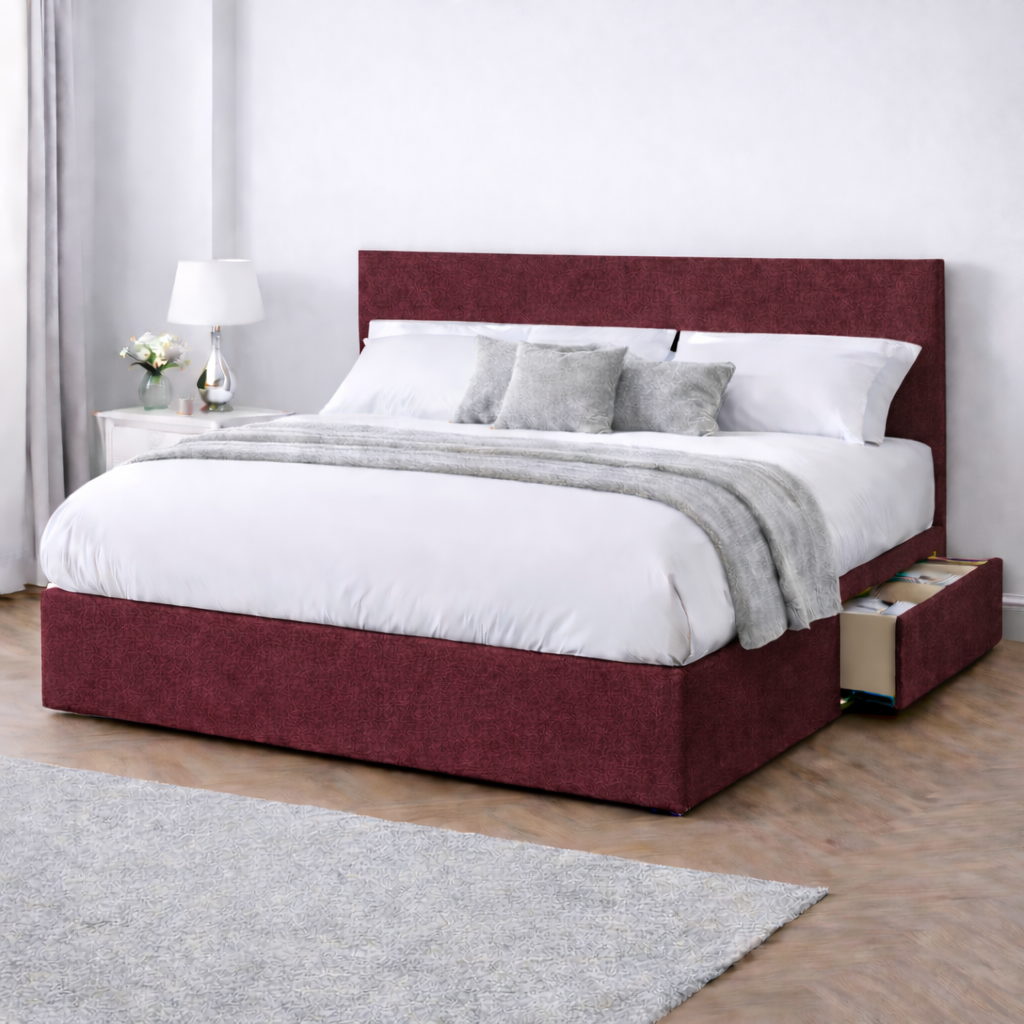 Chenille Bed with Headboard, Mattress & Drawer