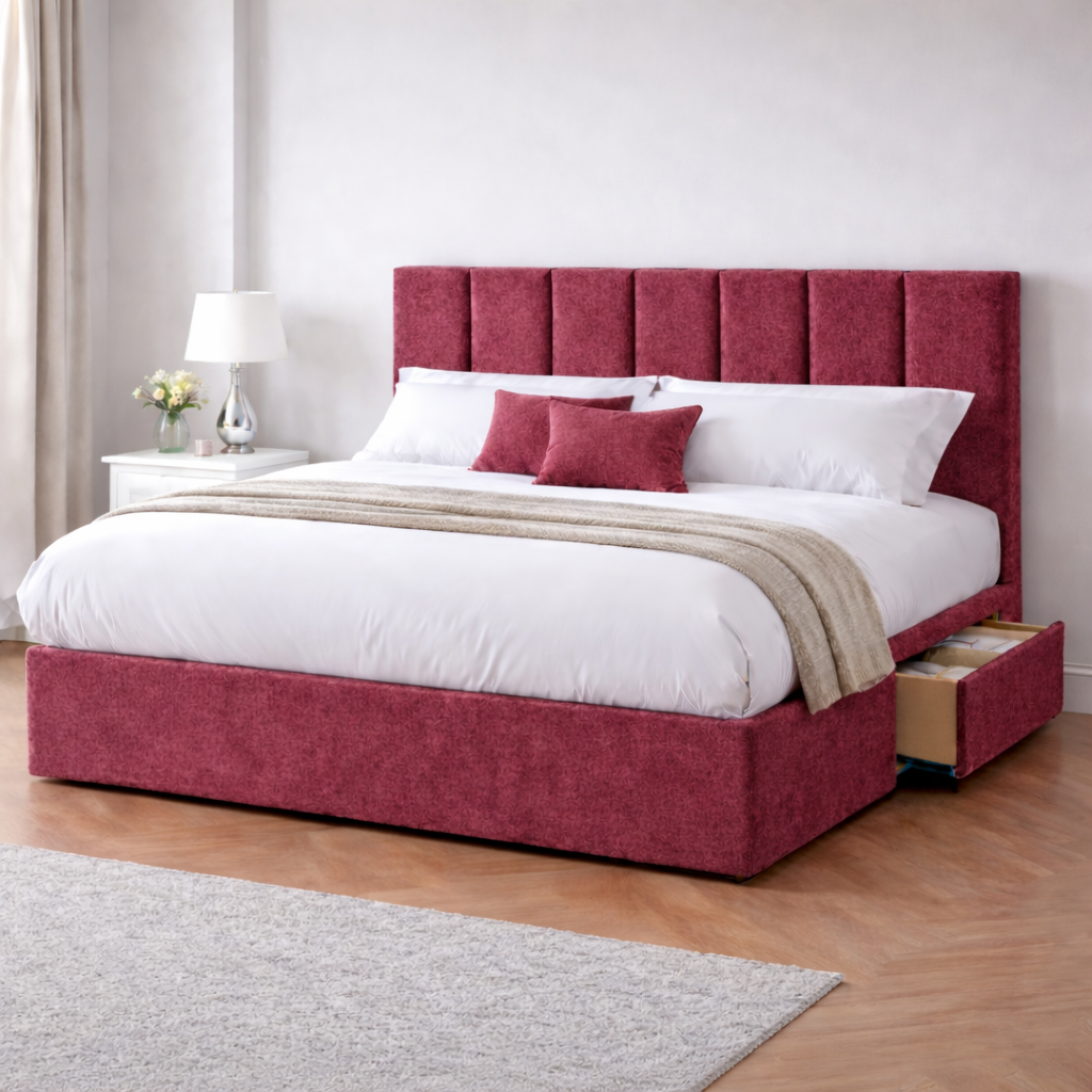Chenille Bed with Headboard, Mattress & Drawer