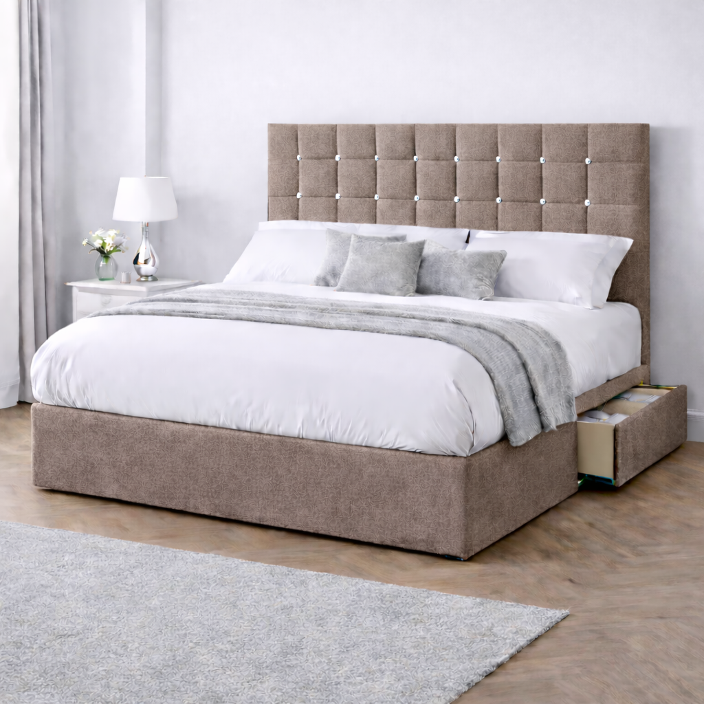 Chenille Bed with Headboard, Mattress & Drawer