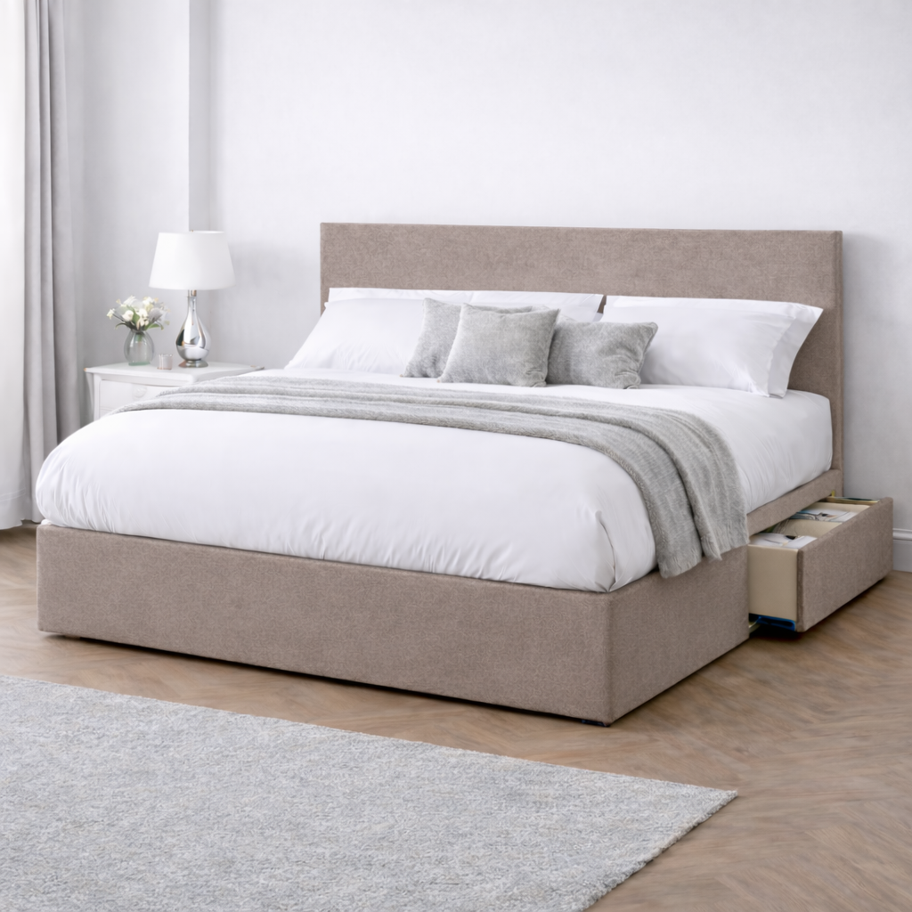Chenille Bed with Headboard, Mattress & Drawer