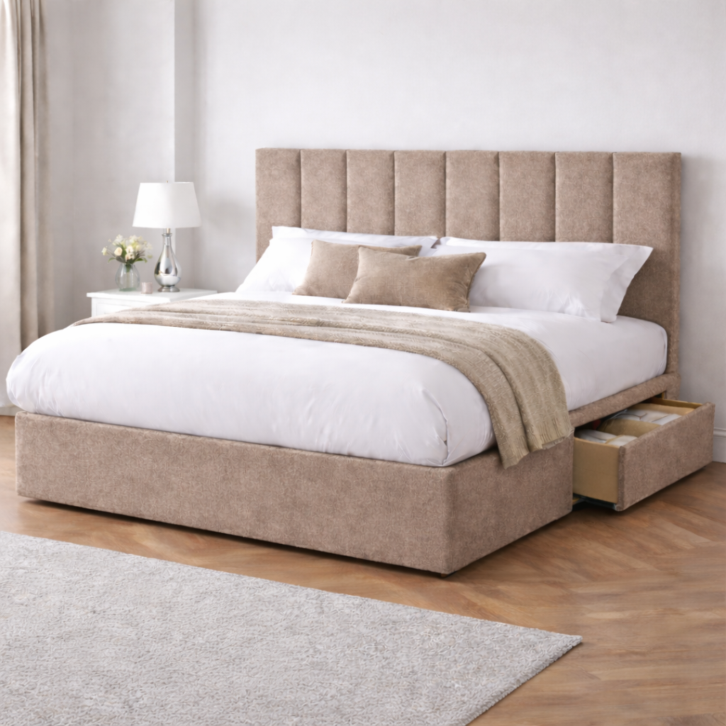 Chenille Bed with Headboard, Mattress & Drawer