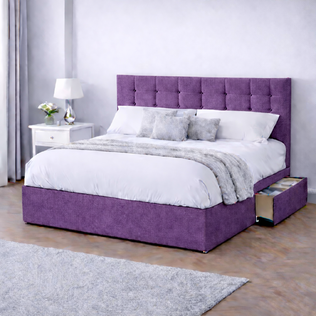 Chenille Bed with Headboard, Mattress & Drawer