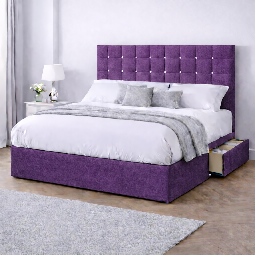 Chenille Bed with Headboard, Mattress & Drawer