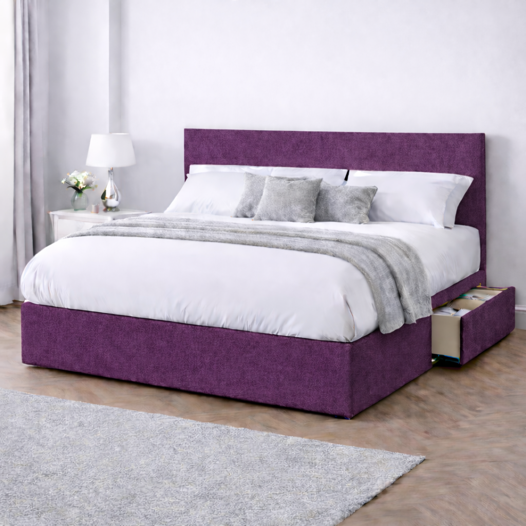 Chenille Bed with Headboard, Mattress & Drawer