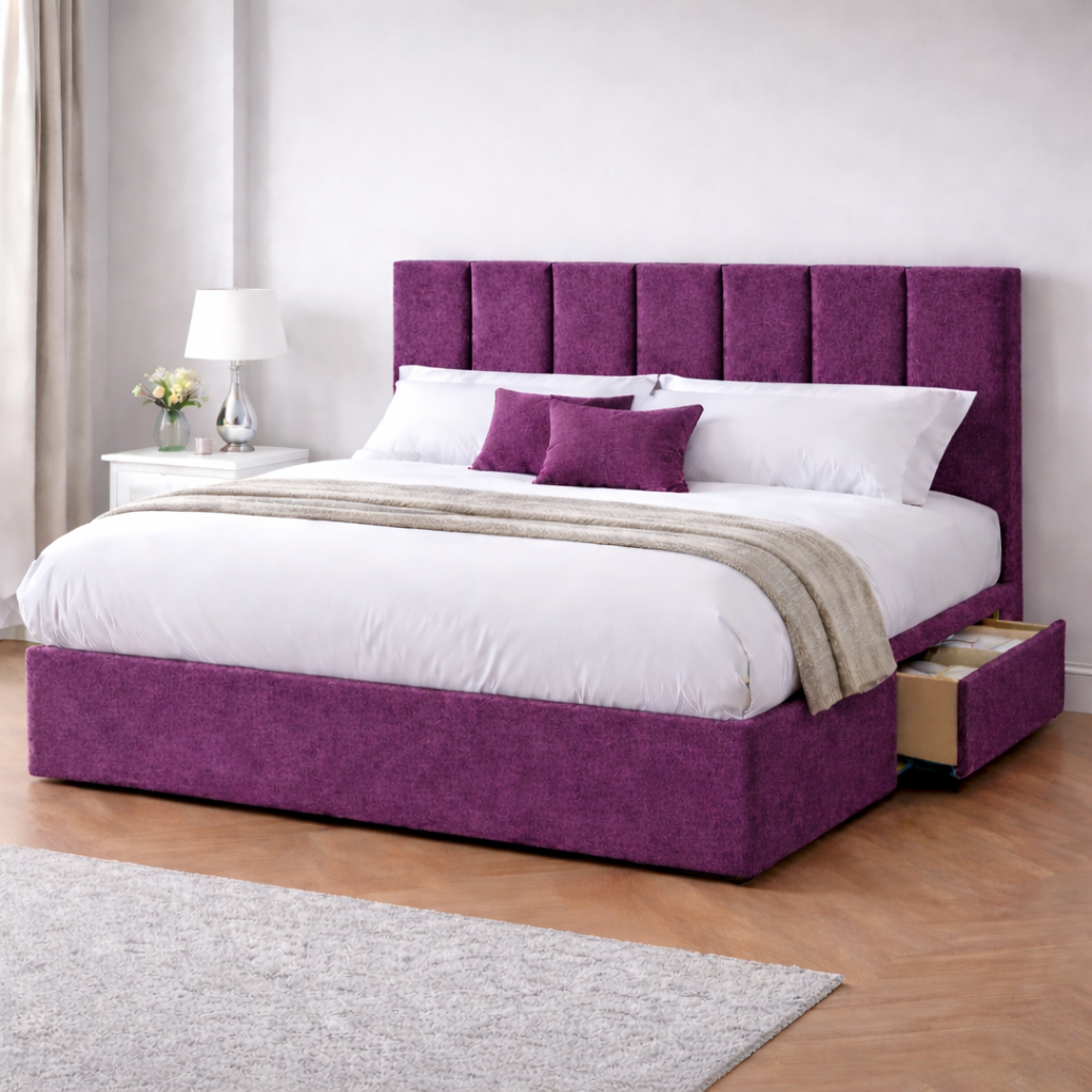 Chenille Bed with Headboard, Mattress & Drawer