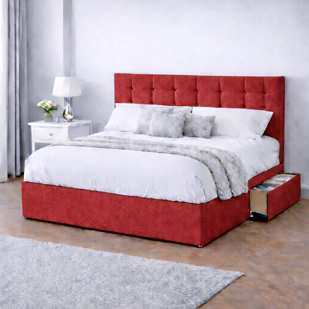 Chenille Bed with Headboard, Mattress & Drawer