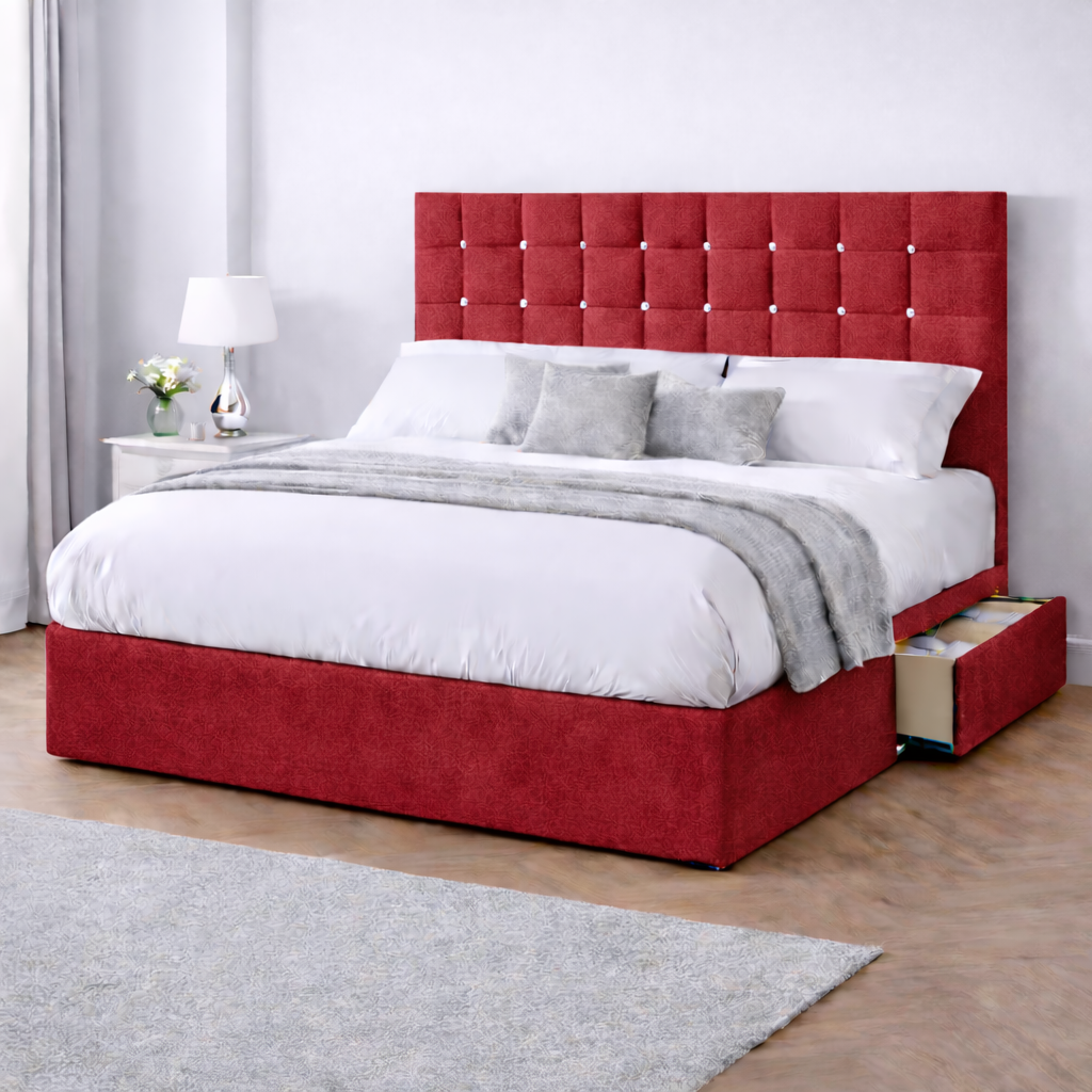 Chenille Bed with Headboard, Mattress & Drawer