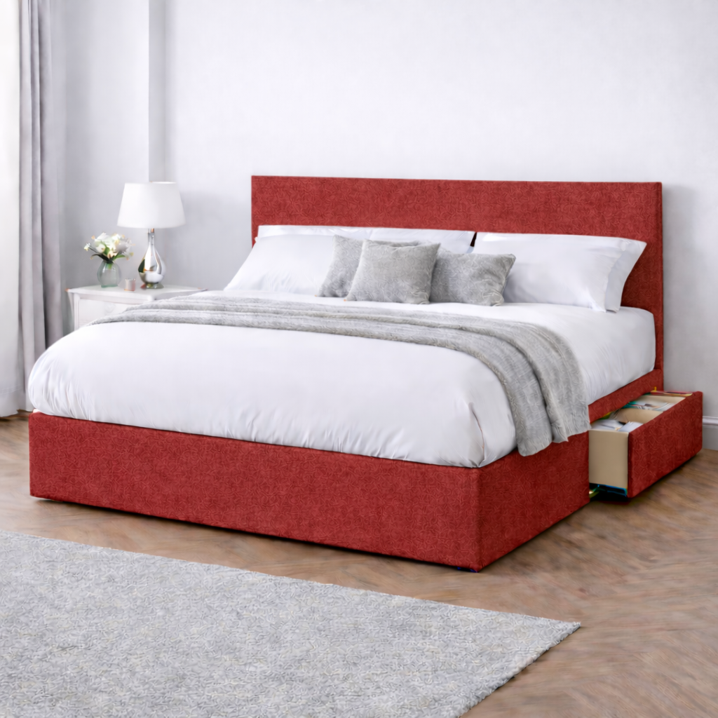 Chenille Bed with Headboard, Mattress & Drawer