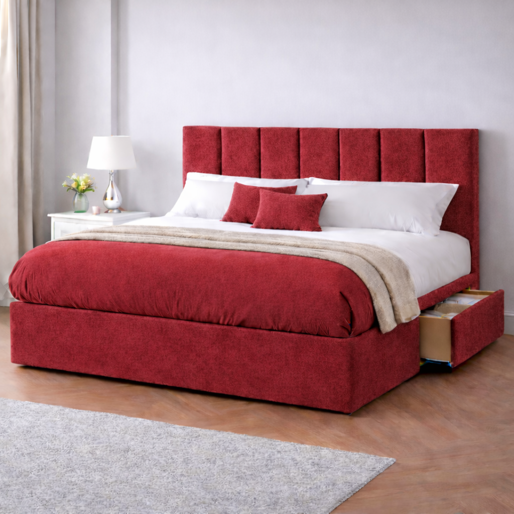 Chenille Bed with Headboard, Mattress & Drawer
