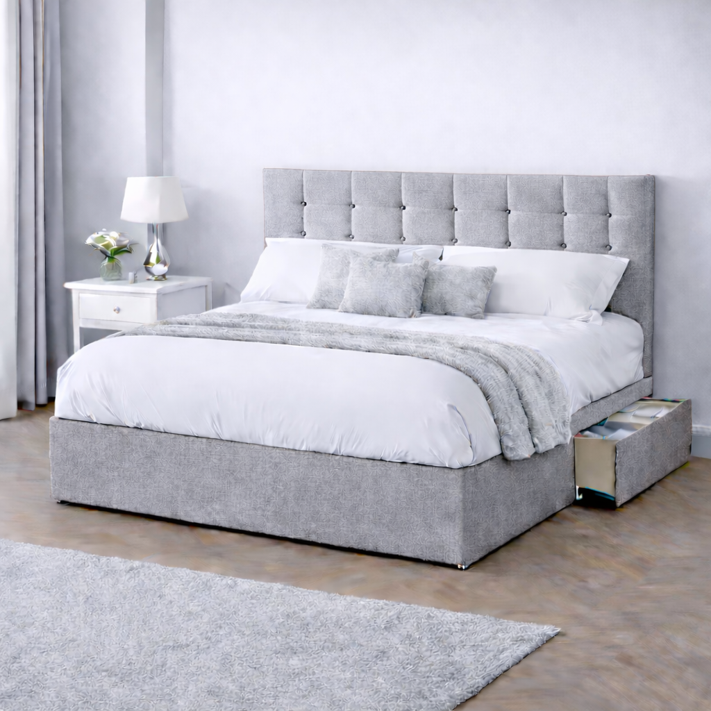 Chenille Bed with Headboard, Mattress & Drawer