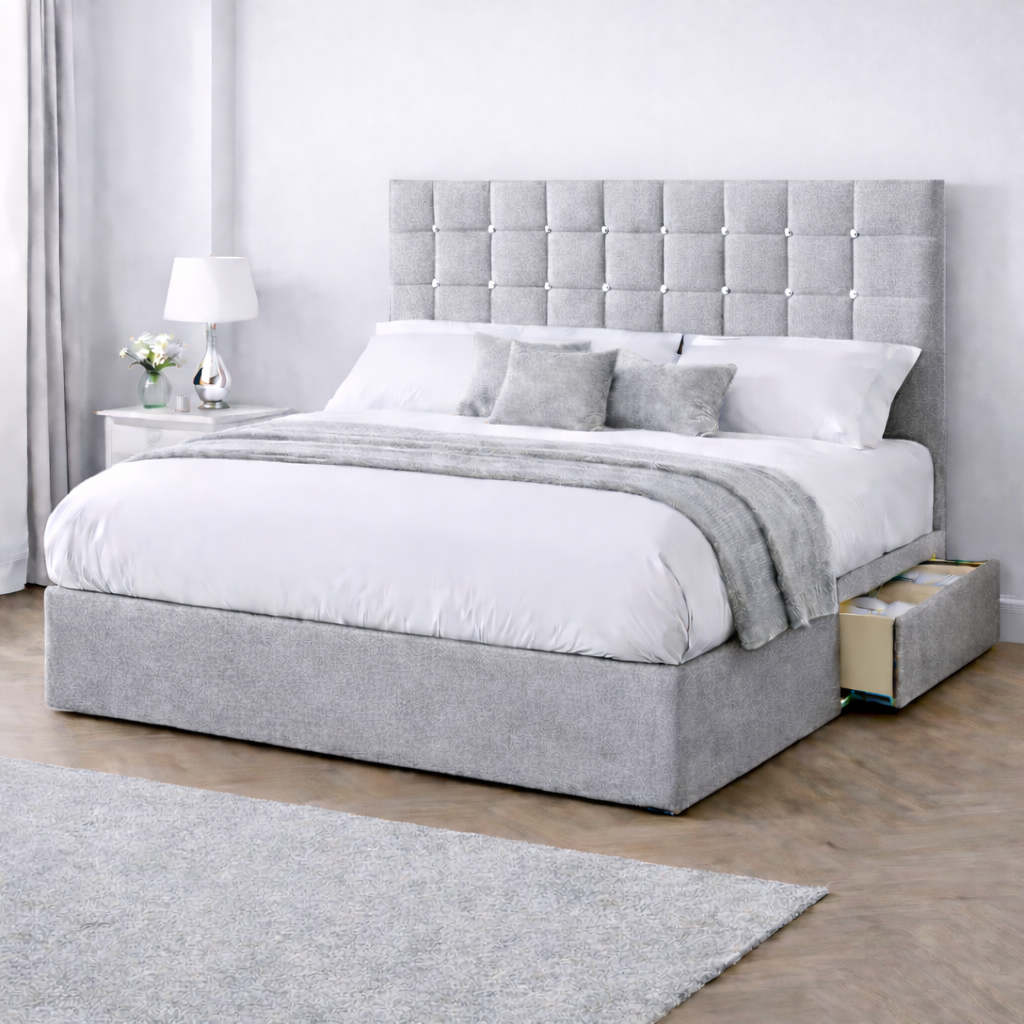Chenille Bed with Headboard, Mattress & Drawer