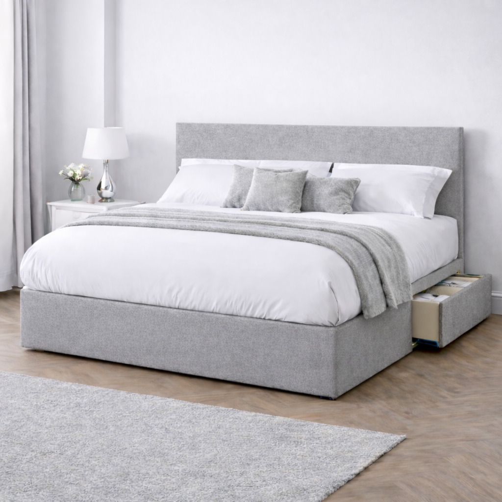 Chenille Bed with Headboard, Mattress & Drawer