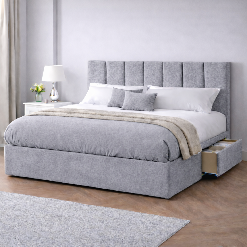 Chenille Bed with Headboard, Mattress & Drawer