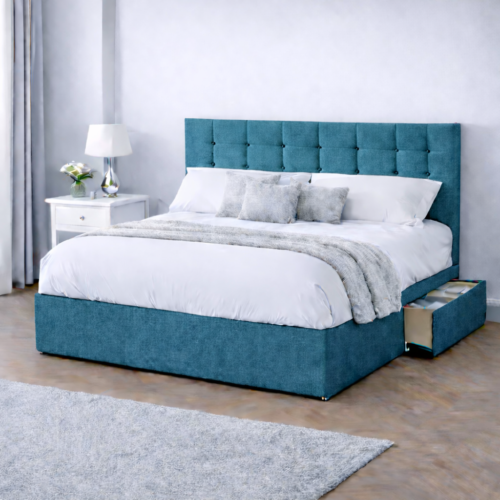 Chenille Bed with Headboard, Mattress & Drawer