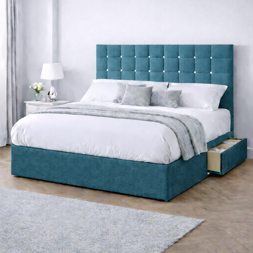 Chenille Bed with Headboard, Mattress & Drawer