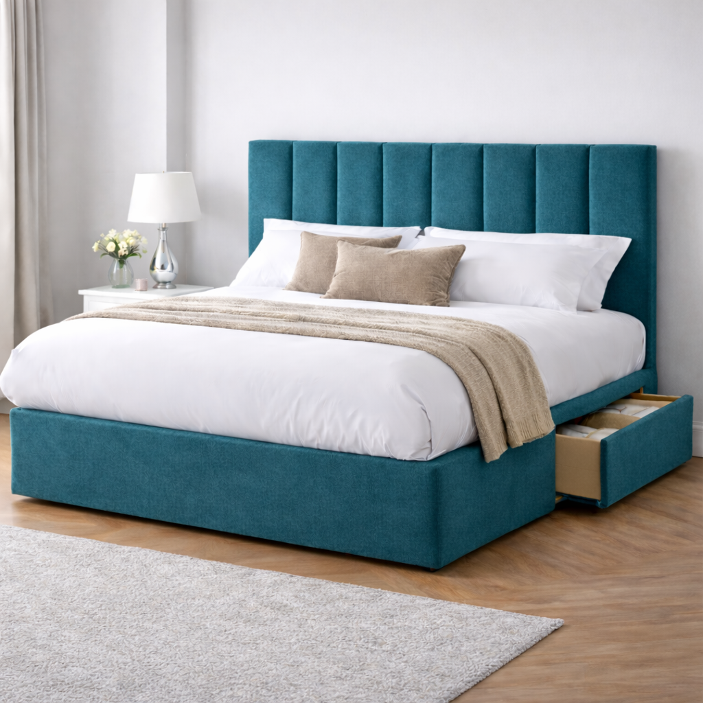 Chenille Bed with Headboard, Mattress & Drawer