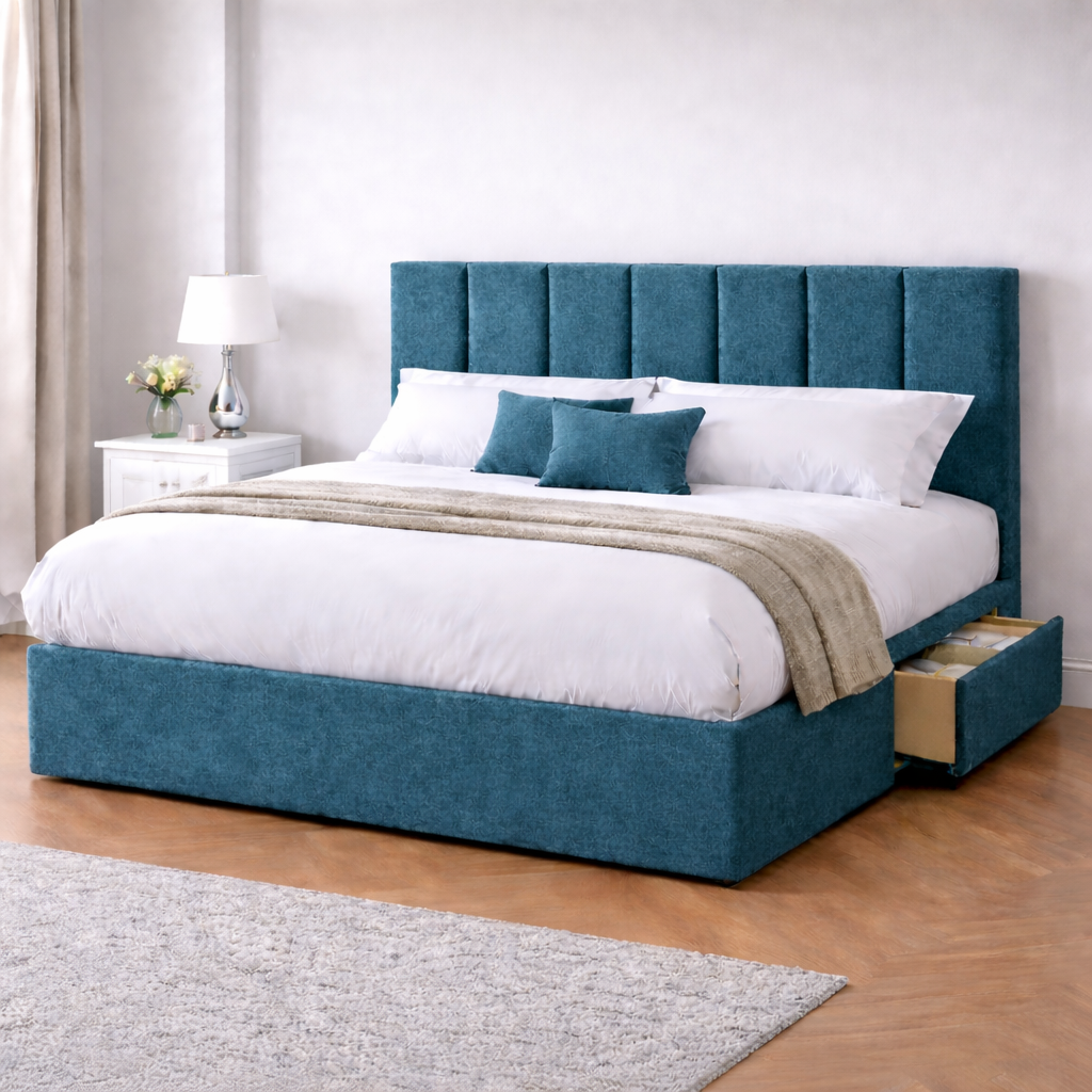 Chenille Bed with Headboard, Mattress & Drawer