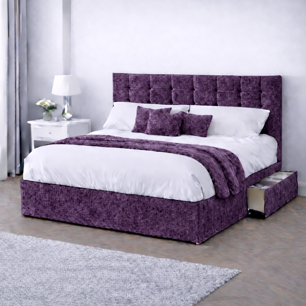 Crushed Velvet Bed with Headboard, Mattress & Drawer