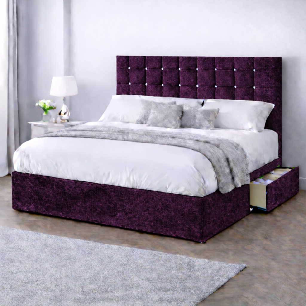 Crushed Velvet Bed with Headboard, Mattress & Drawer