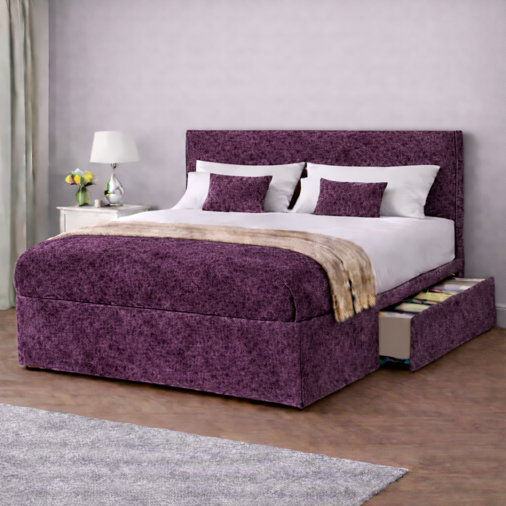 Crushed Velvet Bed with Headboard, Mattress & Drawer