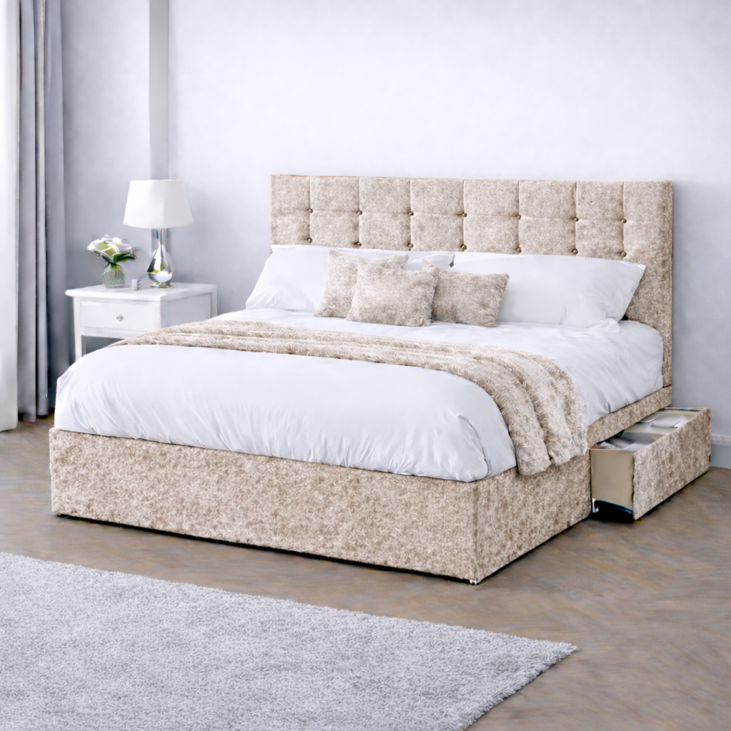 Crushed Velvet Bed with Headboard, Mattress & Drawer