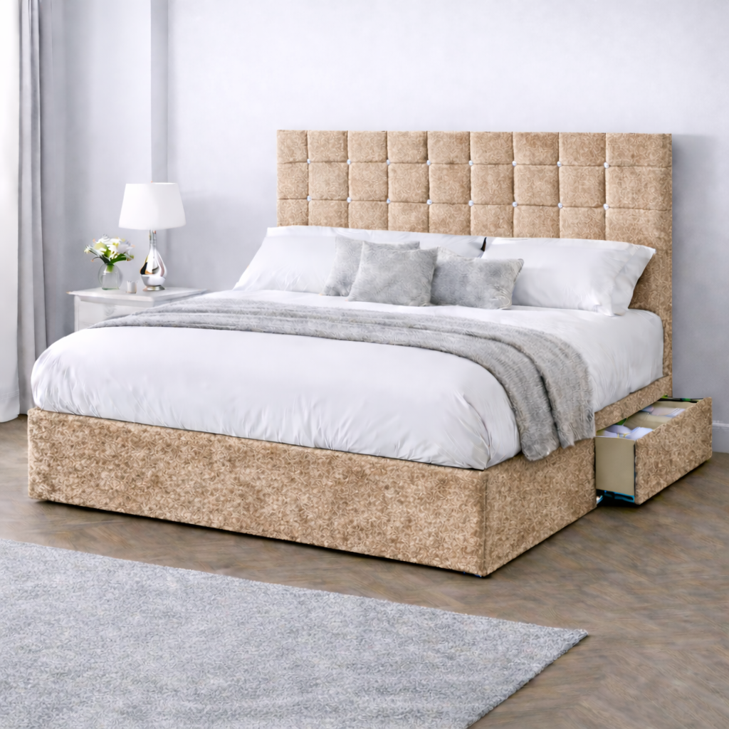 Crushed Velvet Bed with Headboard, Mattress & Drawer