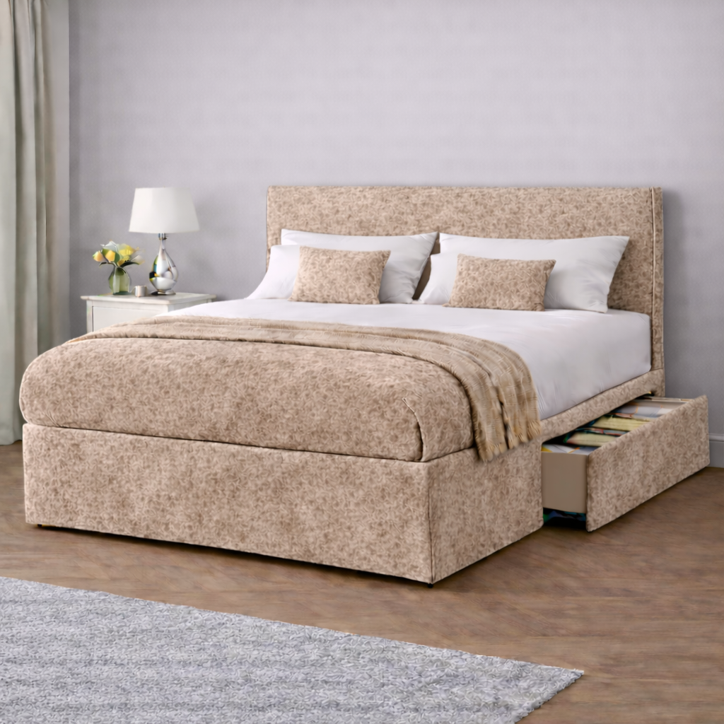Crushed Velvet Bed with Headboard, Mattress & Drawer