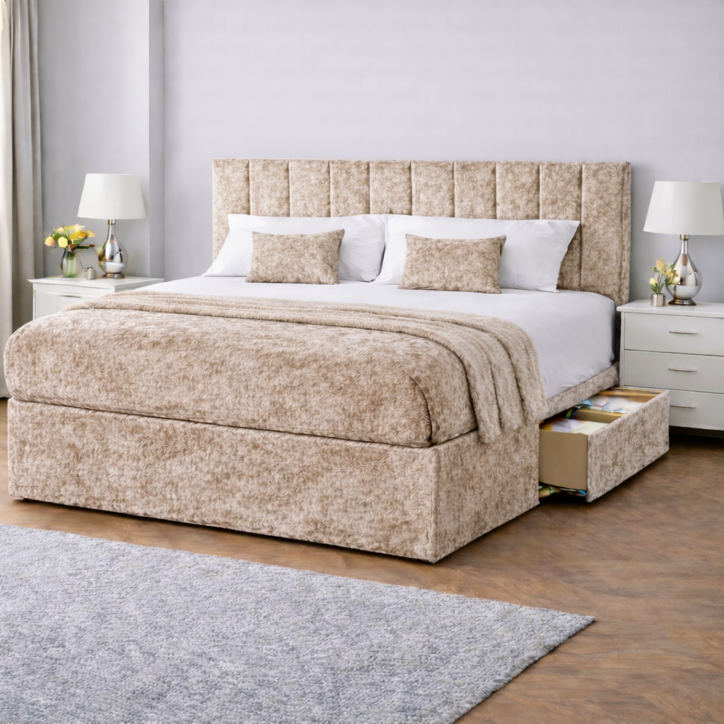 Crushed Velvet Bed with Headboard, Mattress & Drawer