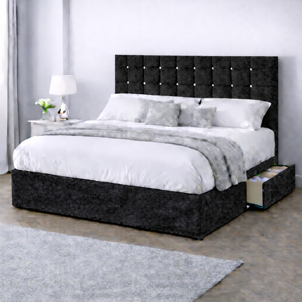 Crushed Velvet Bed with Headboard, Mattress & Drawer
