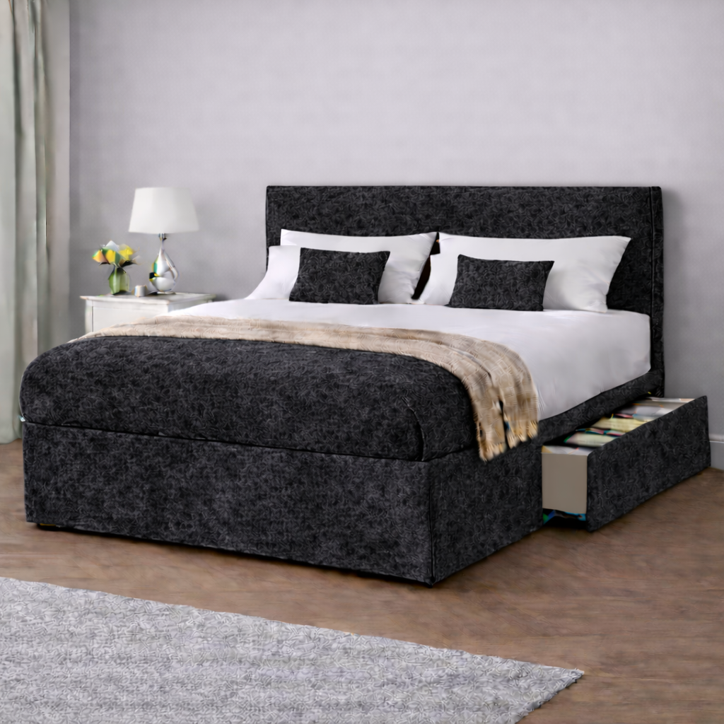 Crushed Velvet Bed with Headboard, Mattress & Drawer