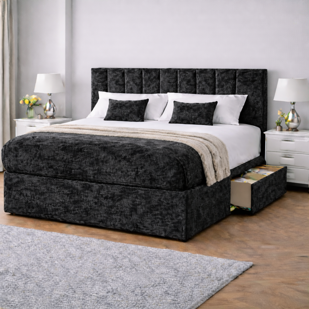 Crushed Velvet Bed with Headboard, Mattress & Drawer
