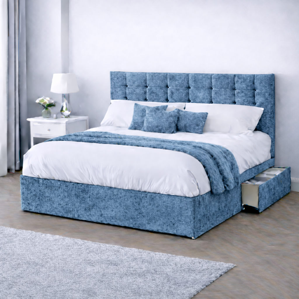 Crushed Velvet Bed with Headboard, Mattress & Drawer