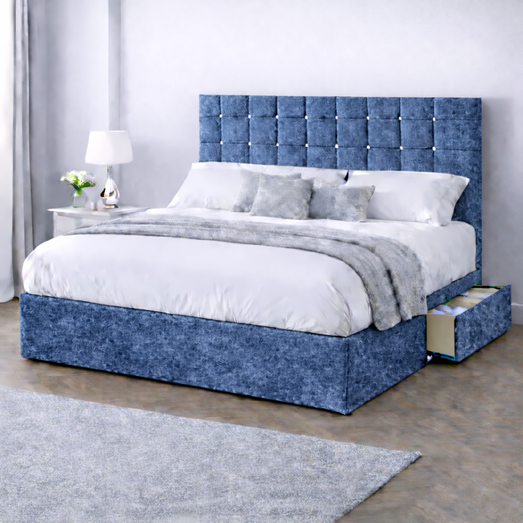 Crushed Velvet Bed with Headboard, Mattress & Drawer