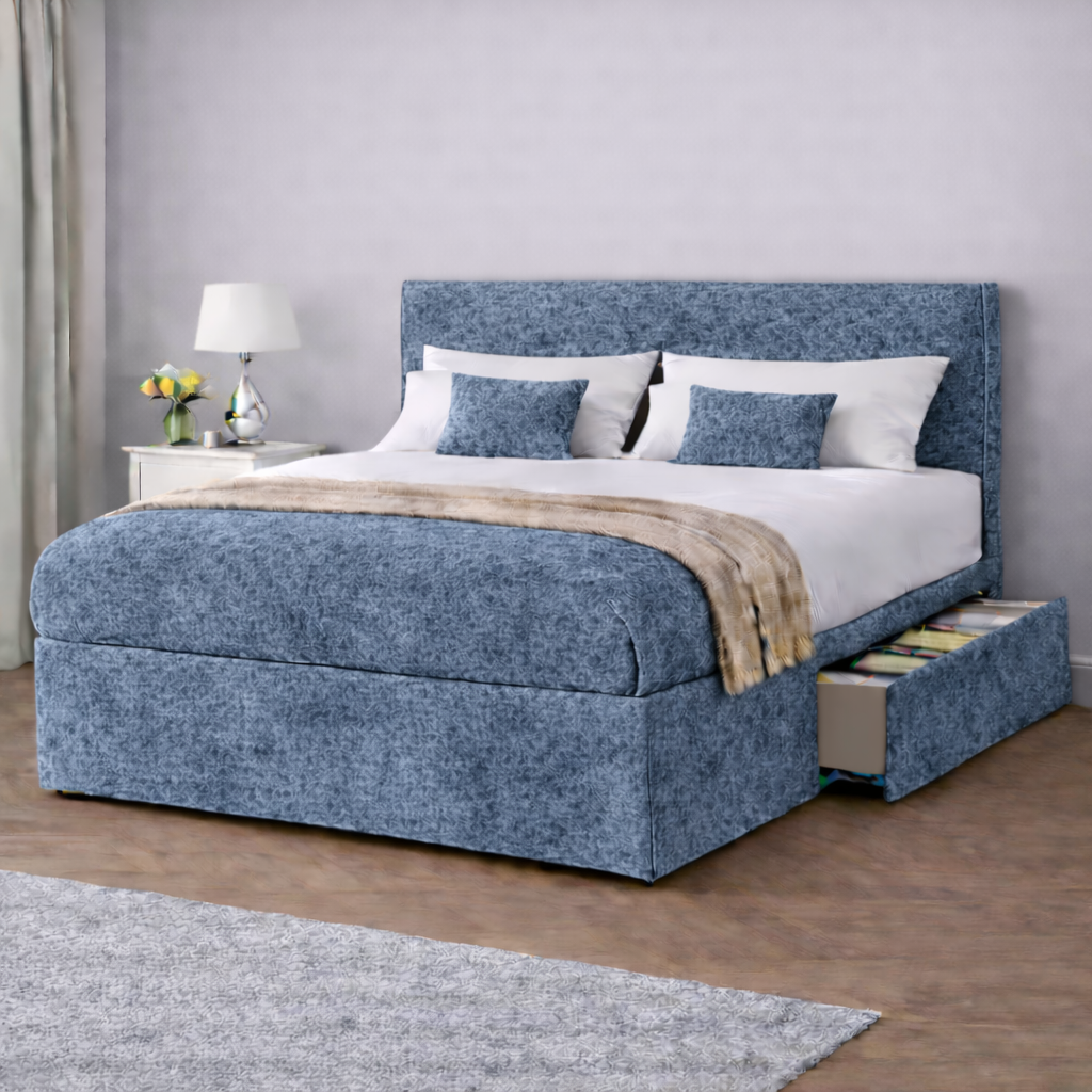 Crushed Velvet Bed with Headboard, Mattress & Drawer