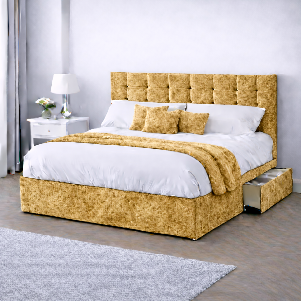Crushed Velvet Bed with Headboard, Mattress & Drawer