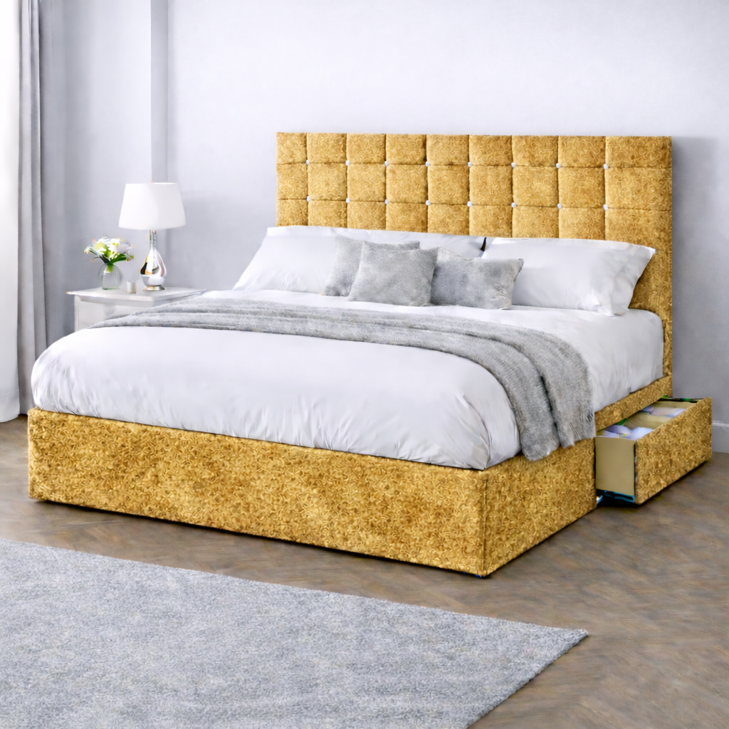 Crushed Velvet Bed with Headboard, Mattress & Drawer