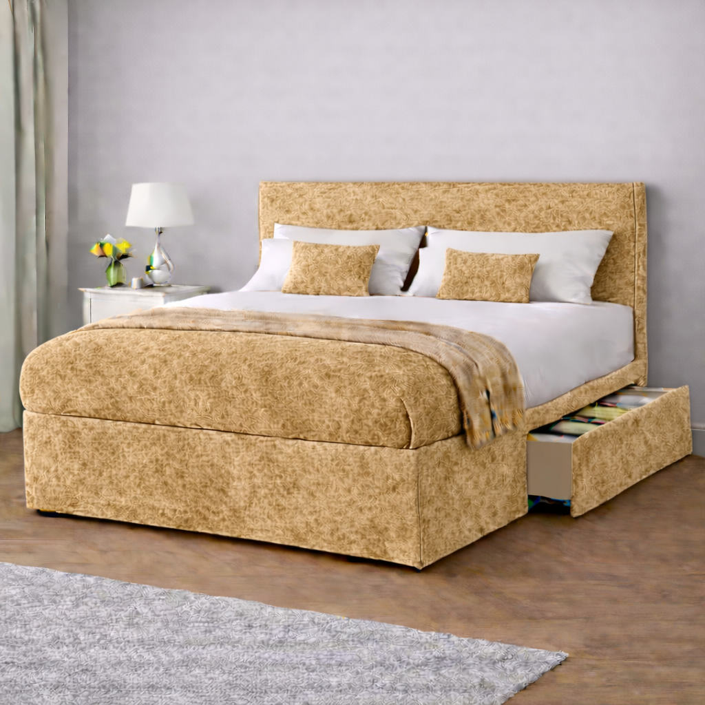 Crushed Velvet Bed with Headboard, Mattress & Drawer