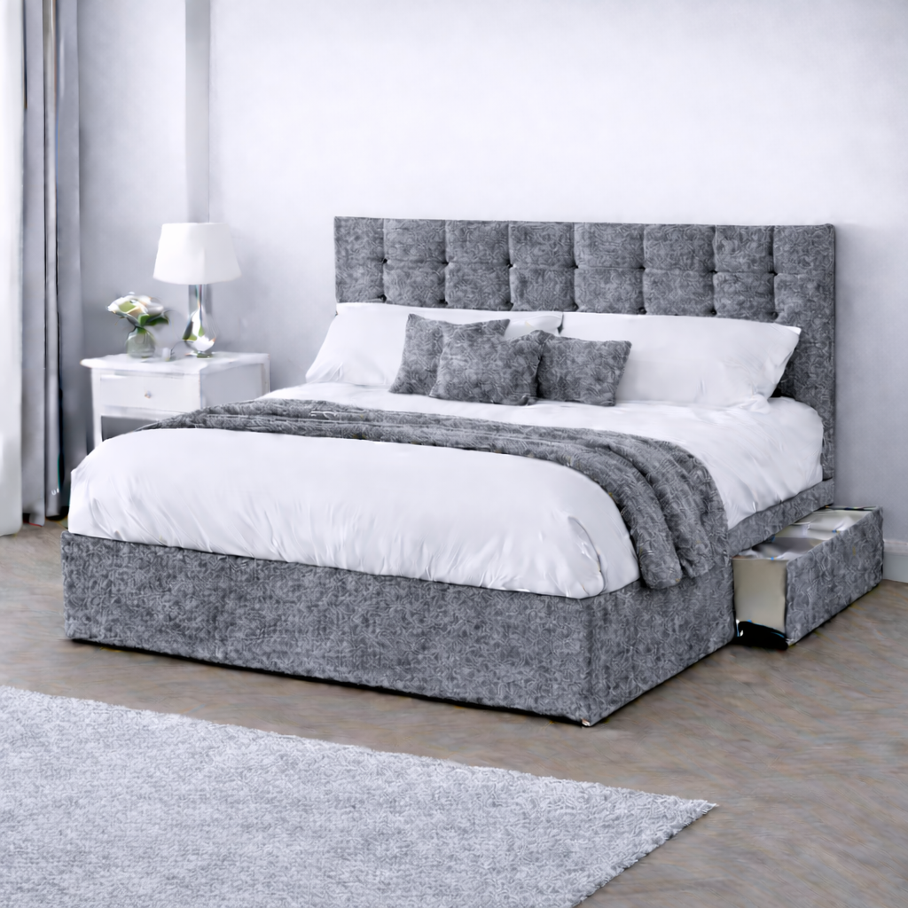 Crushed Velvet Bed with Headboard, Mattress & Drawer