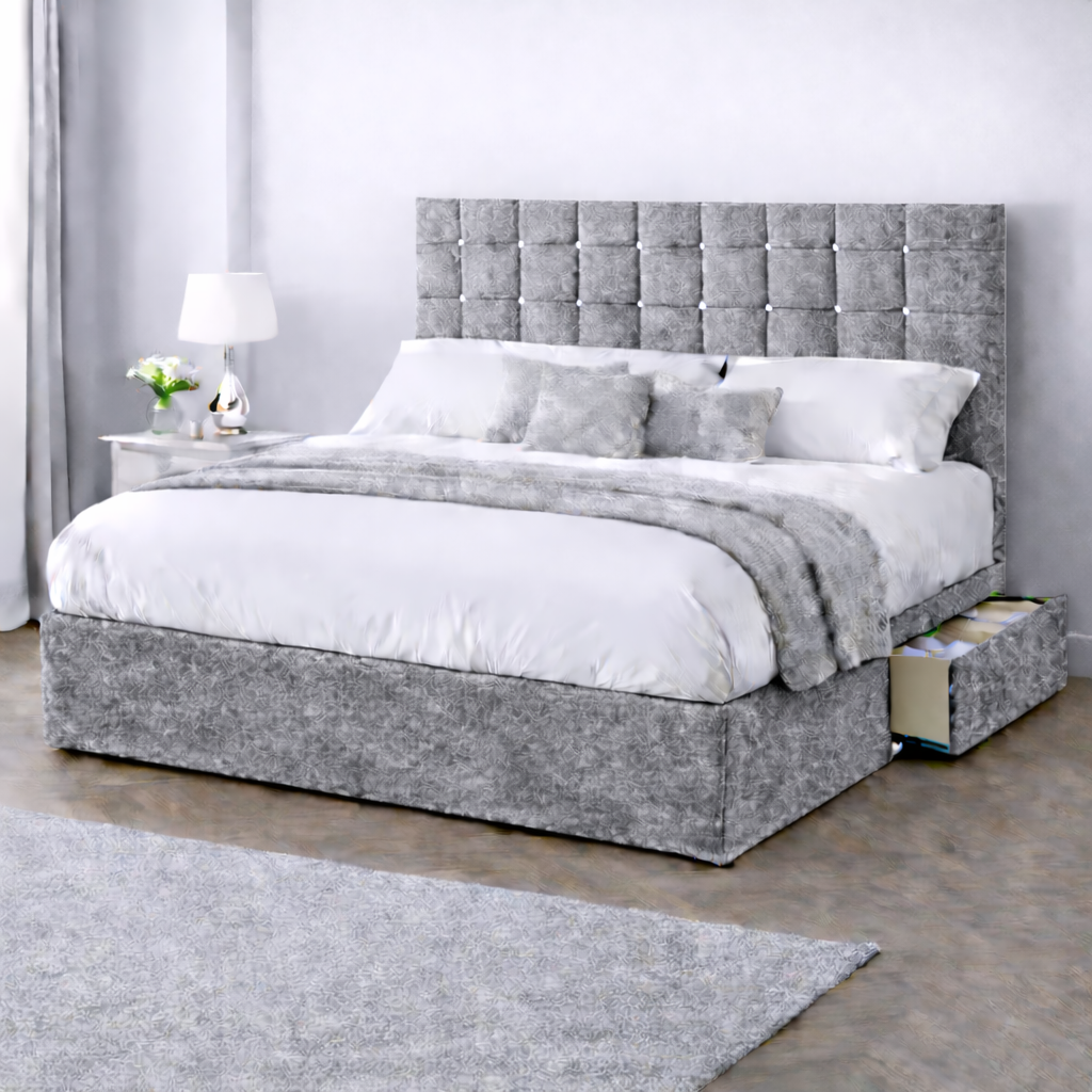 Crushed Velvet Bed with Headboard, Mattress & Drawer