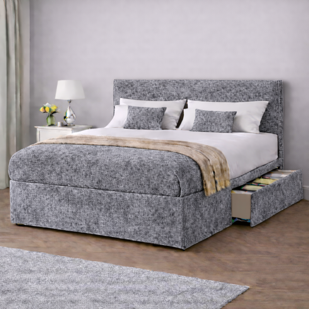 Crushed Velvet Bed with Headboard, Mattress & Drawer