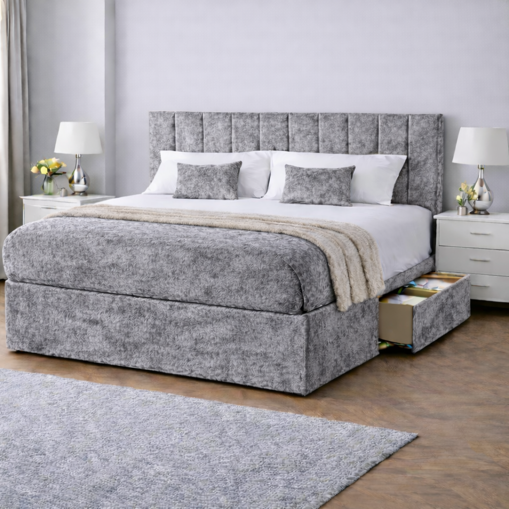 Crushed Velvet Bed with Headboard, Mattress & Drawer