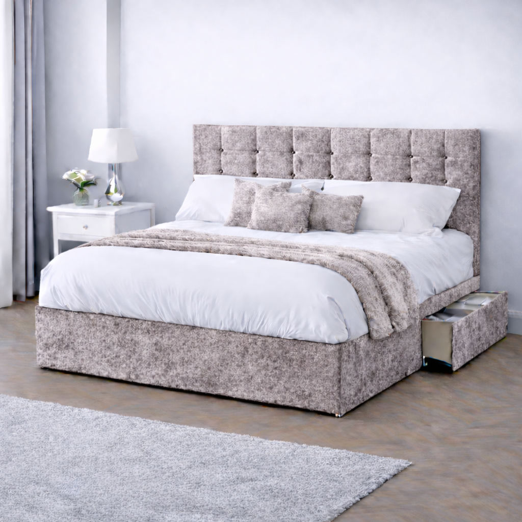 Crushed Velvet Bed with Headboard, Mattress & Drawer
