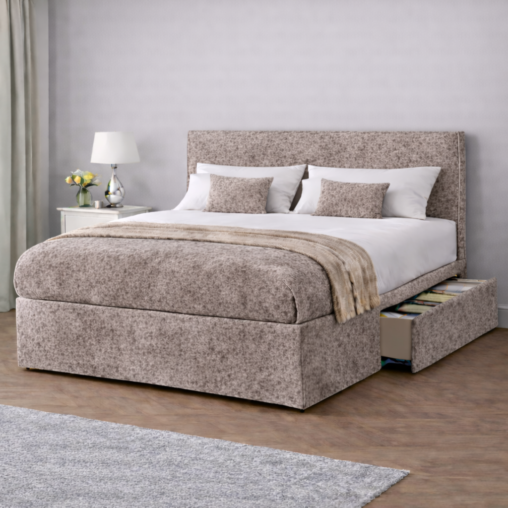 Crushed Velvet Bed with Headboard, Mattress & Drawer