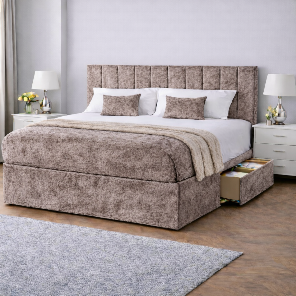Crushed Velvet Bed with Headboard, Mattress & Drawer