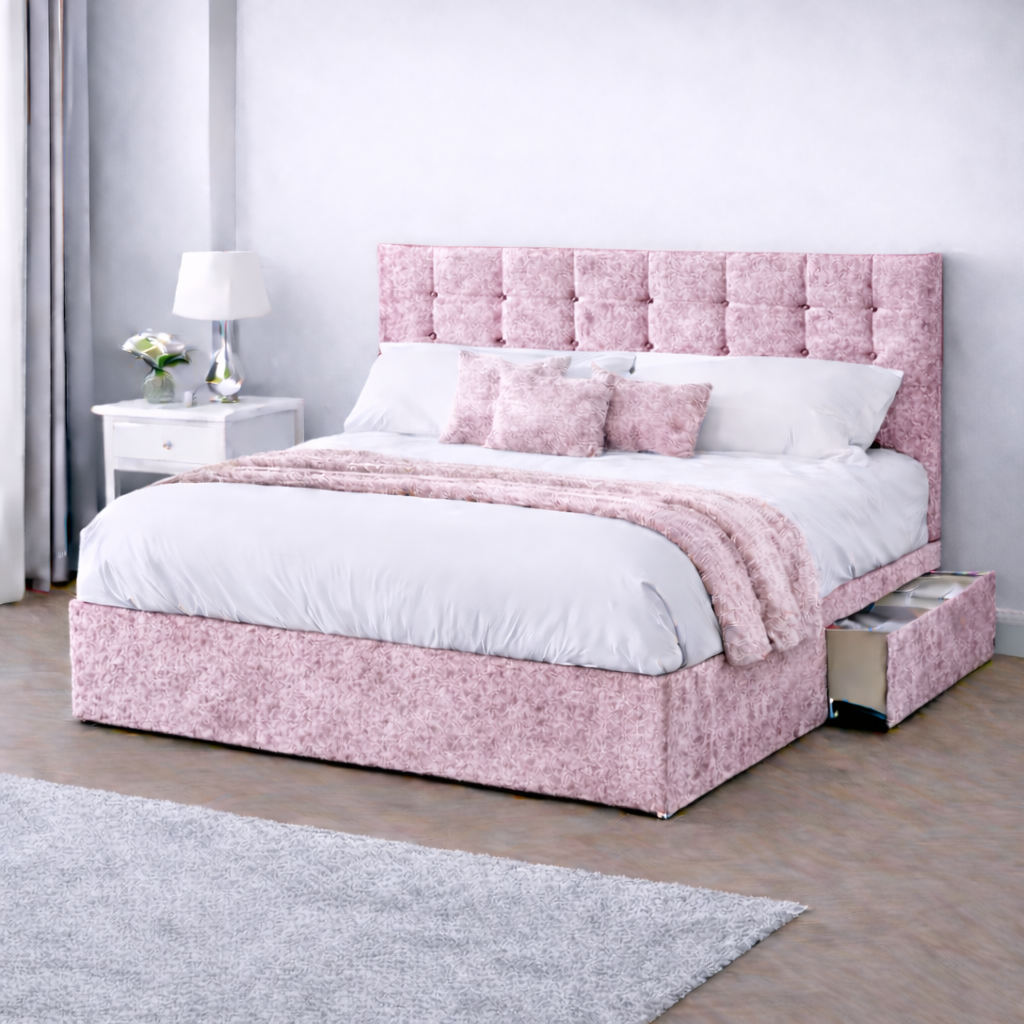 Crushed Velvet Bed with Headboard, Mattress & Drawer