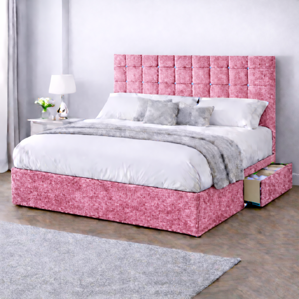 Crushed Velvet Bed with Headboard, Mattress & Drawer