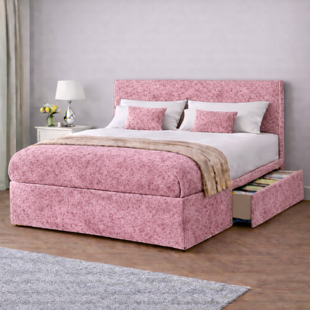 Crushed Velvet Bed with Headboard, Mattress & Drawer