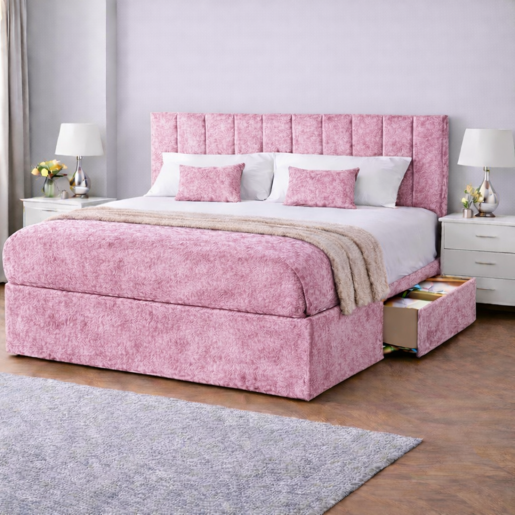 Crushed Velvet Bed with Headboard, Mattress & Drawer